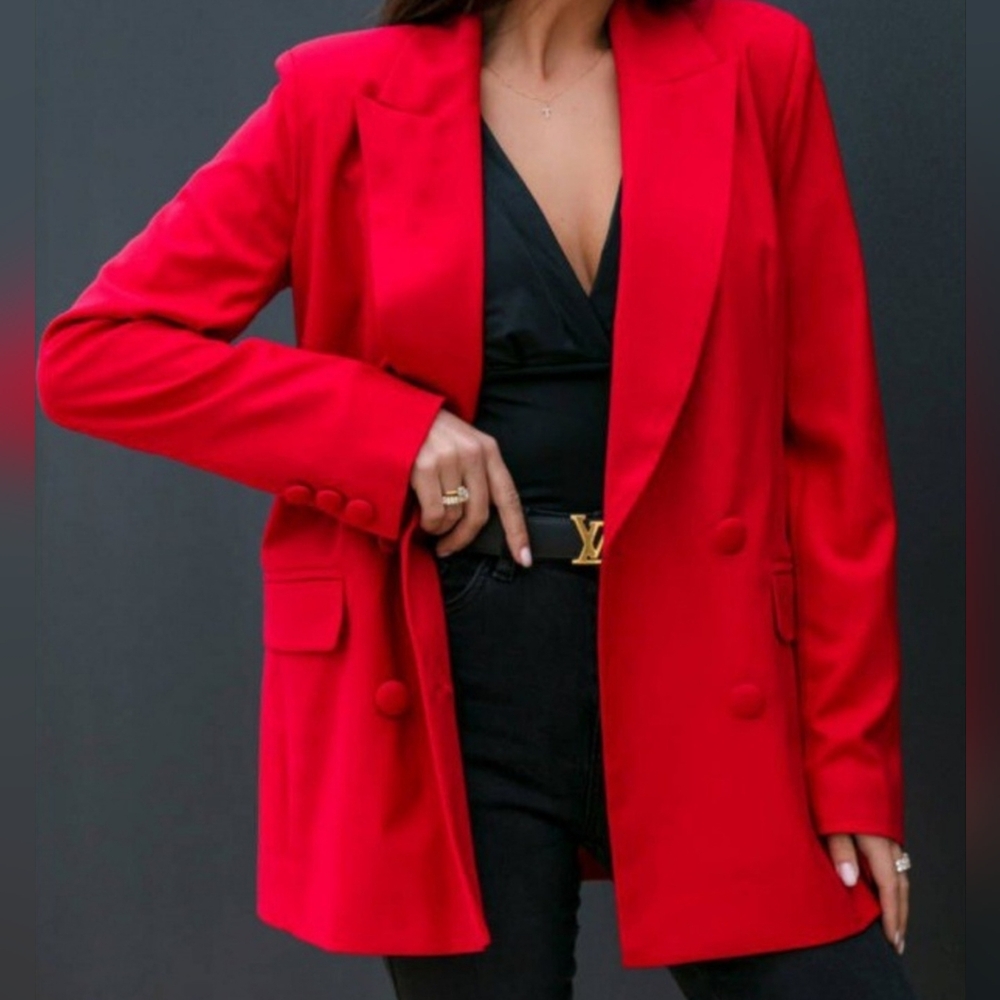 Red Women's Double-Breasted Blazer - Picture 5 of 8